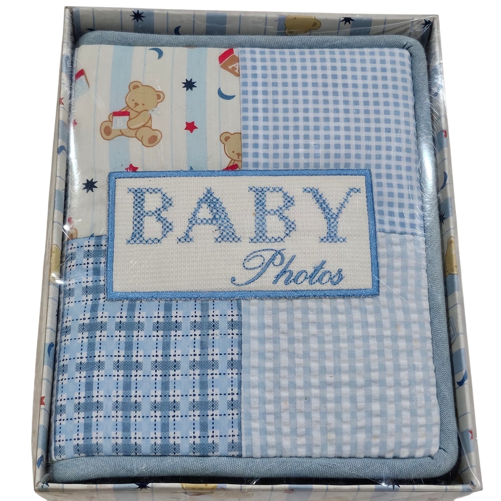 90s VTG Baby Essentials Blue Patchwork Teddy Bear Photo Album Macys Deadstock